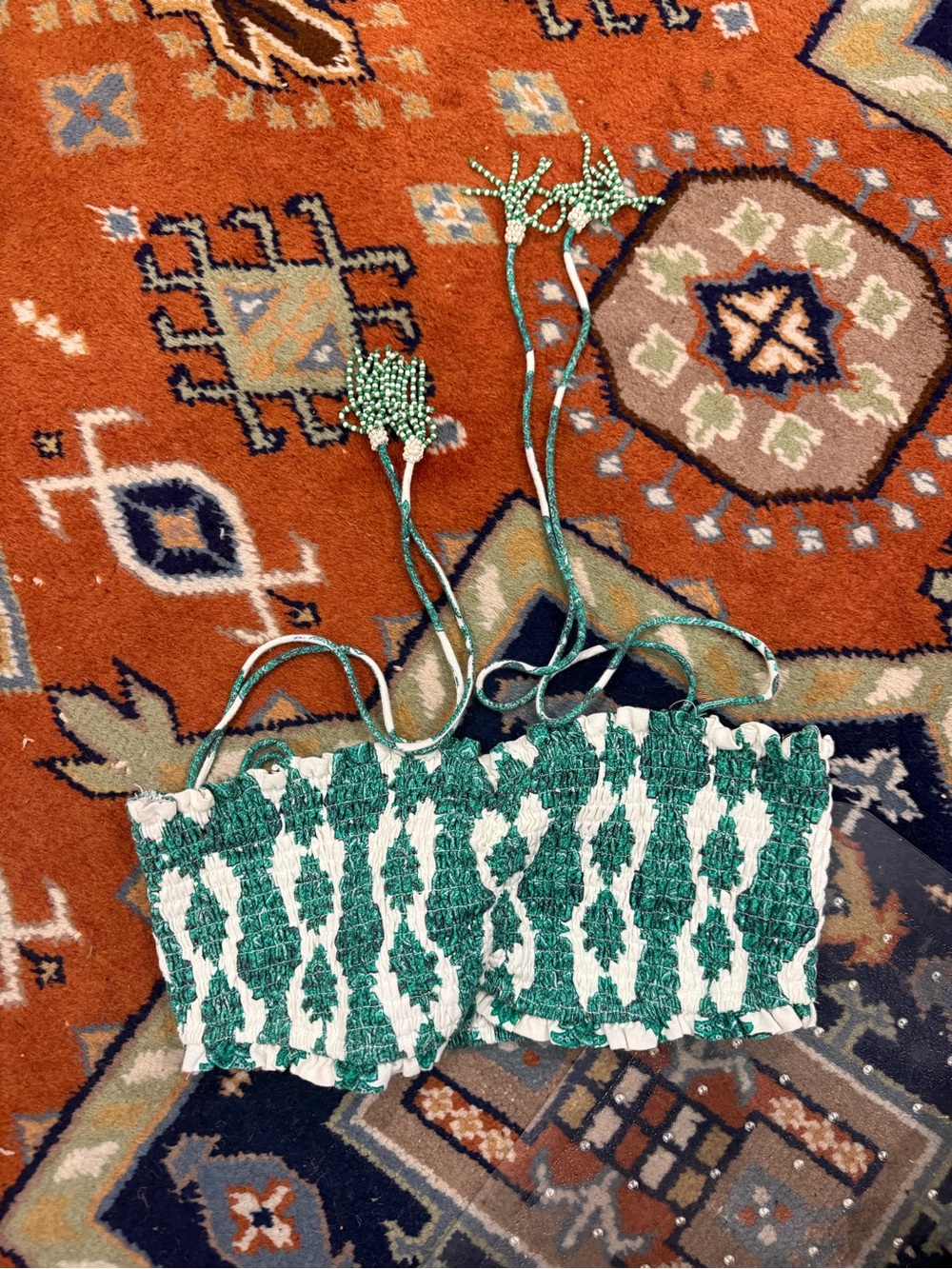 House of Harlow Green and White Beaded Cropped Tube Top beaded ties on shoulder